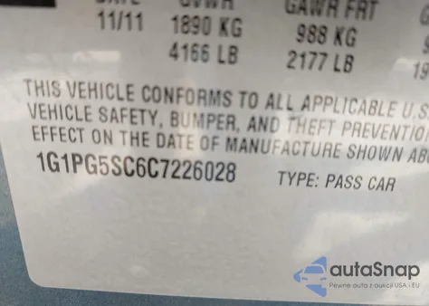 2012 Chevrolet Cruze 2Lt z USA, uszkodzony, nr VIN 1G1PG5SC6C7226028